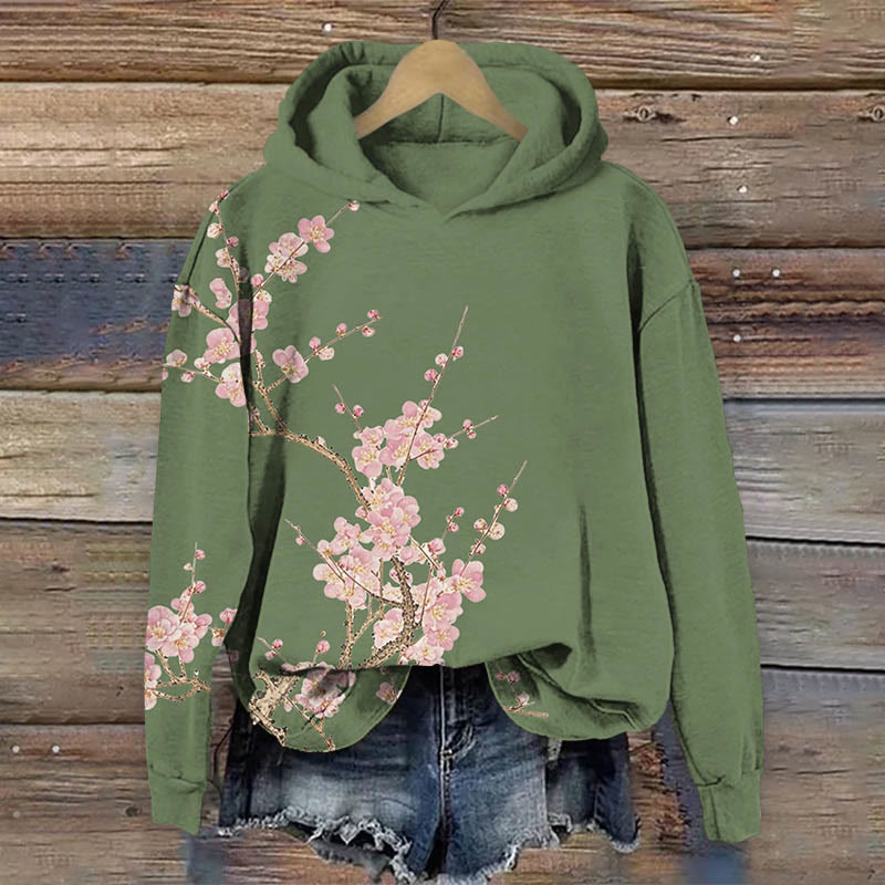 Japanese Vintage Sakura Blossom Art Print Long Sleeve Hoodie - Green - US44-46(8XL) - image 1