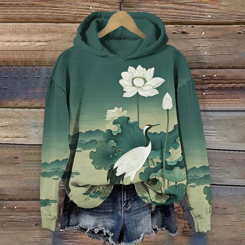 Japanese Retro White Lotus & Crane Pattern Art Print Long Sleeve Hoodie - Green - US44-46(8XL) - image 2