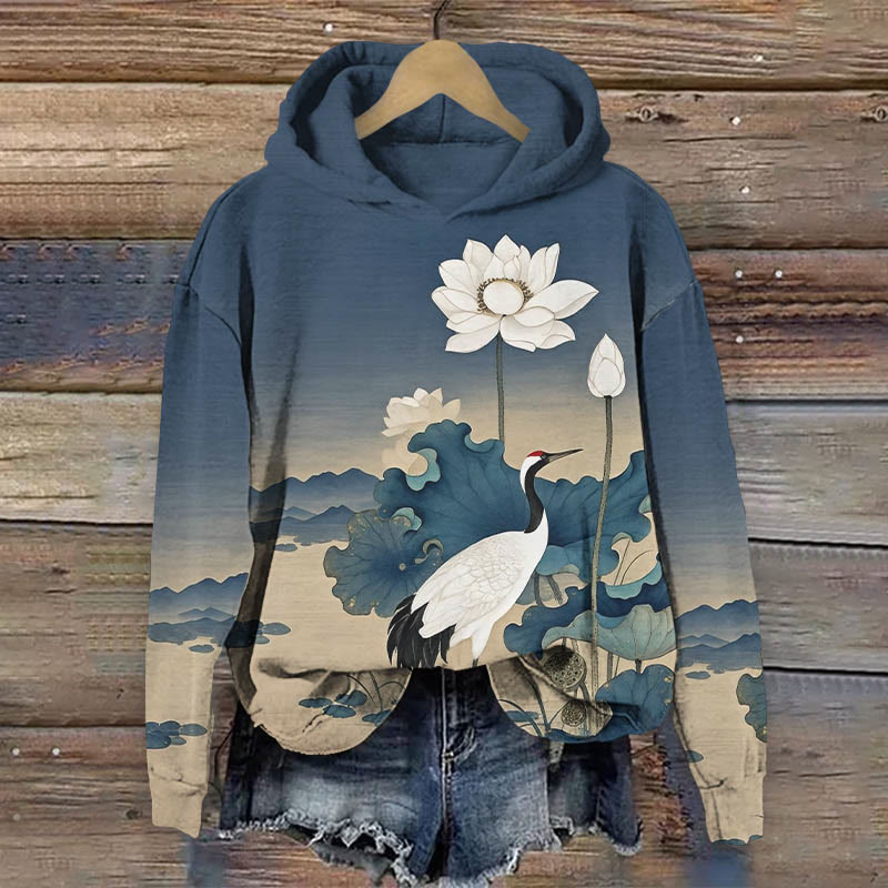 Japanese Retro White Lotus & Crane Pattern Art Print Long Sleeve Hoodie - Blue - US44-46(8XL) - image 1