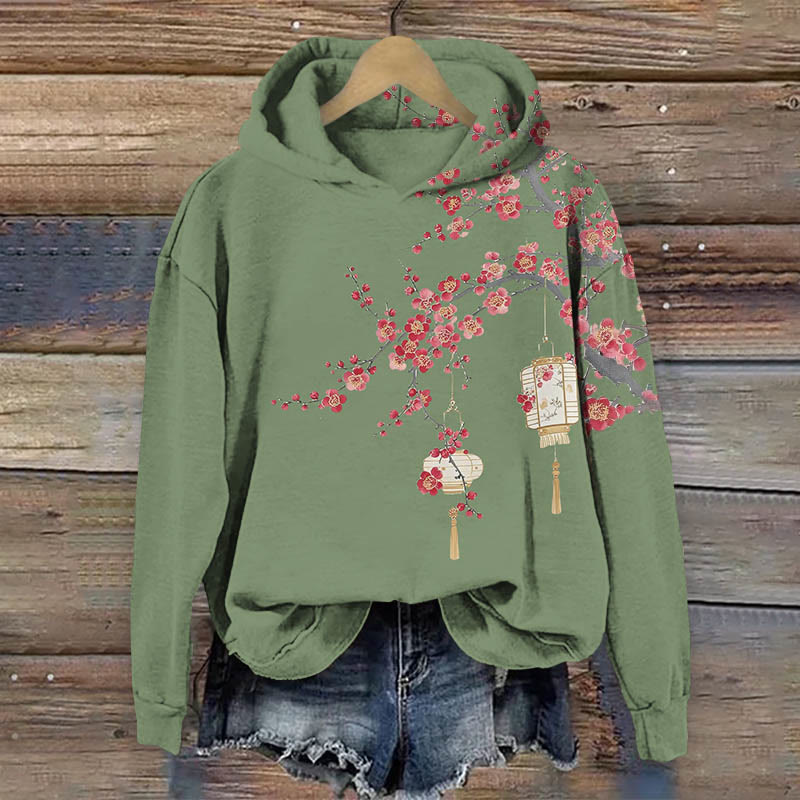 Japanese Lantern Hanging On Sakura Tree Art Print Long Sleeve Hoodie - Green - US44-46(8XL) - image 2
