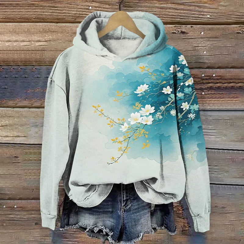 Japanese Watercolor Cherry Blossom Art Print Long Sleeve Hoodie - Lake Blue - US44-46(8XL) - image 1