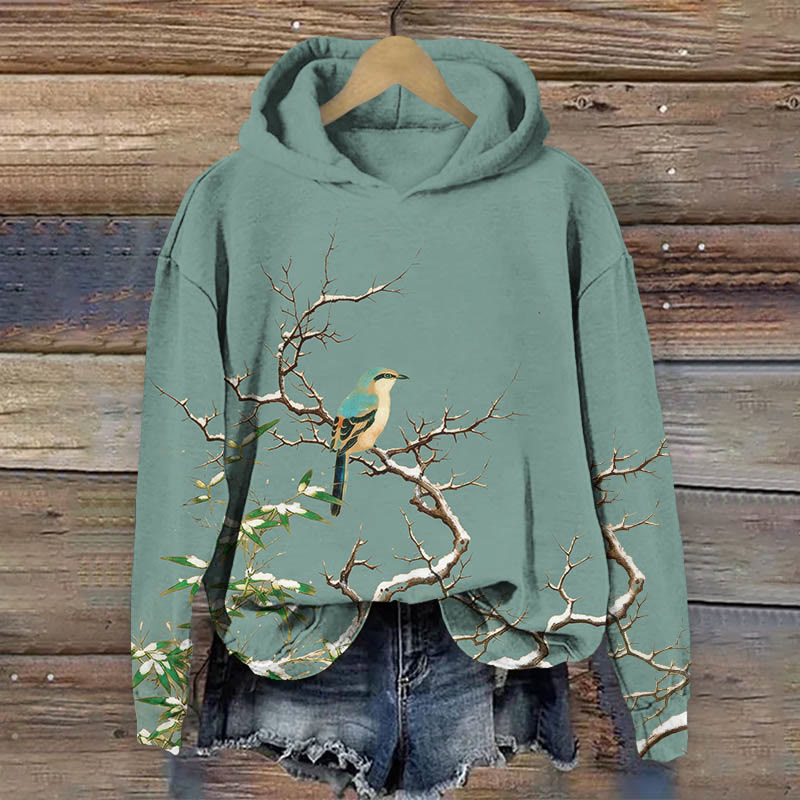 Japanese Vintage Bird Standing On Snow-covered Branches Art Print Long Sleeve Hoodie - Green - US44-46(8XL) - image 2