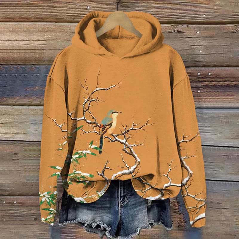 Japanese Vintage Bird Standing On Snow-covered Branches Art Print Long Sleeve Hoodie - Orange - US44-46(8XL) - image 1