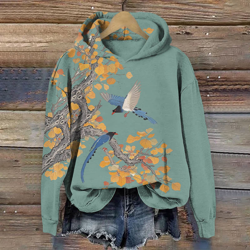 Japanese Vintage Autumn Maple Tree & Birds Art Print Long Sleeve Hoodie - Green - US44-46(8XL) - image 1