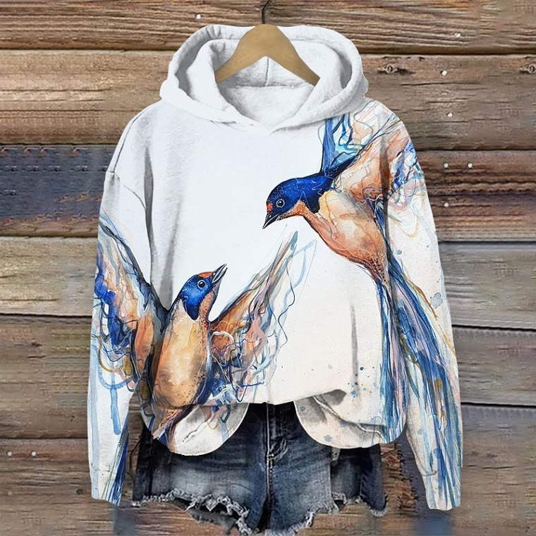 Two Flying Bird Pattern Long Sleeved Hoodie - Light Gray - 8XL - image 1