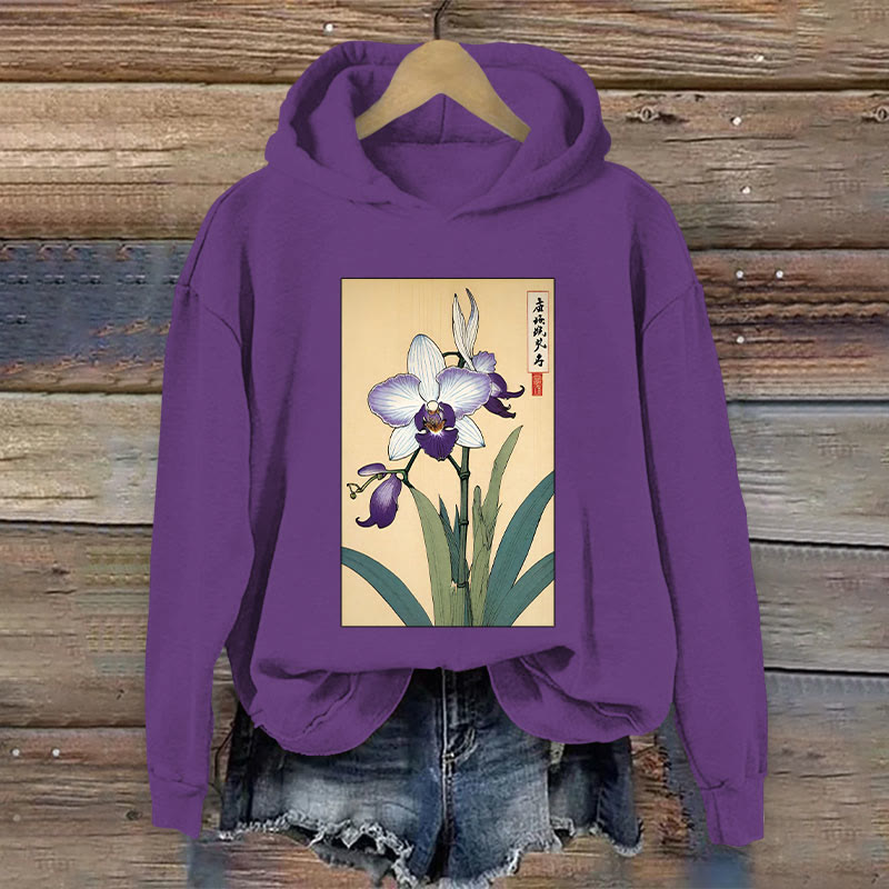 Japanese Orchid Art Pattern Long Sleeved Hoodie - Purple - 8XL - image 1