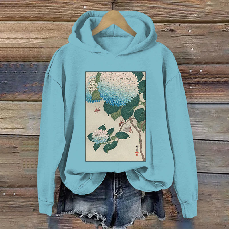 Japanese Hydrangea Pattern Long Sleeved Hoodie - Blue - 8XL - image 1
