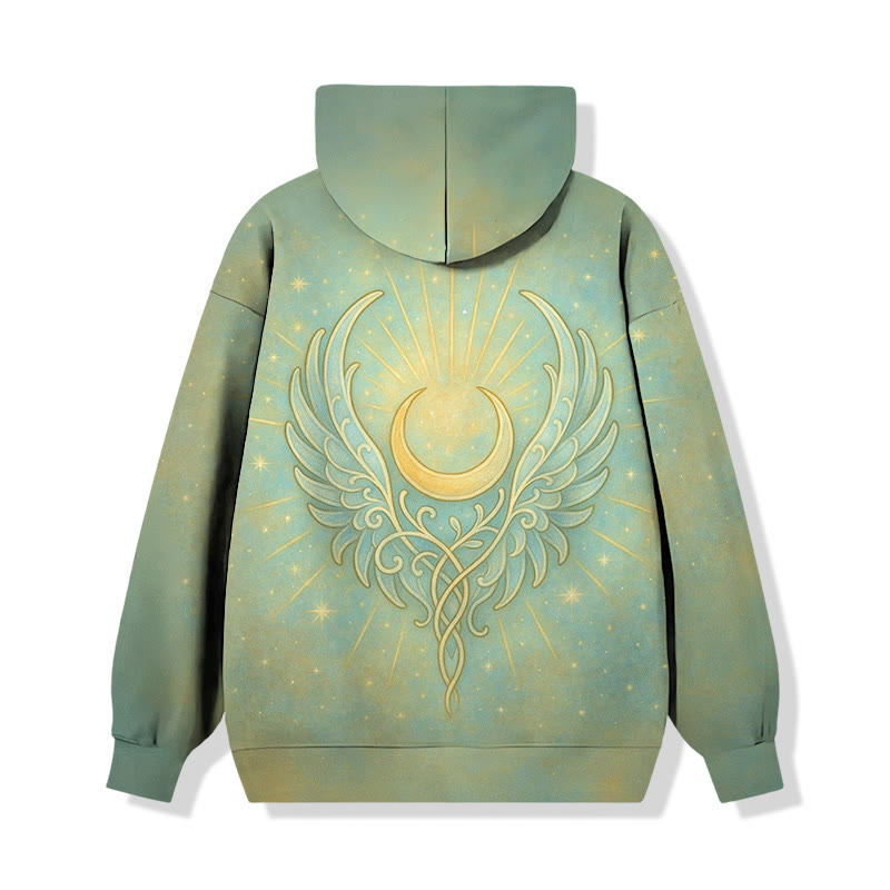 Retro Moon And Wing Print Long Sleeved Hoodie - Green - 8XL - image 1