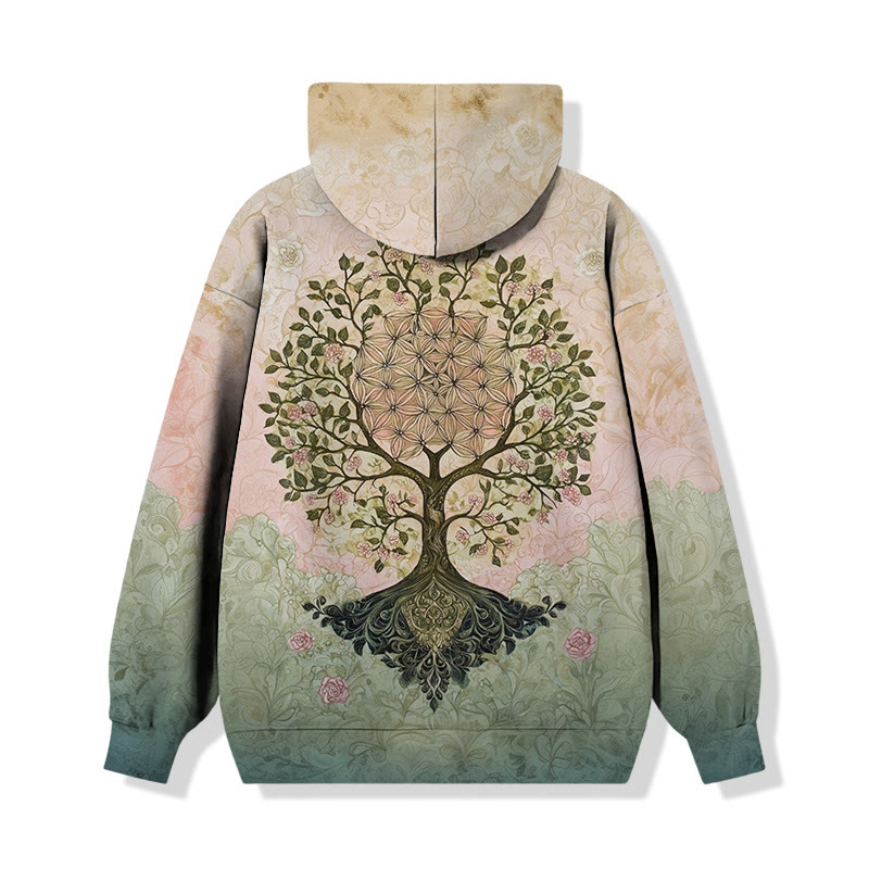 Retro Mystic Tree And Floral Print Long Sleeved Hoodie - Green - 8XL - image 1