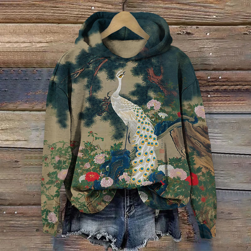 Vintage Elegant Peacock Around Rose Blossom Long Sleeved Hoodie - Dark Green - 8XL - image 1