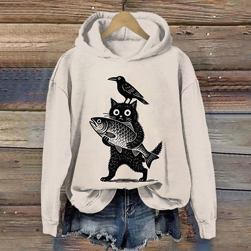 Japanese Funny Cat Holding Fish Long Sleeved Hoodie - Warm Grey - 8XL - image 1