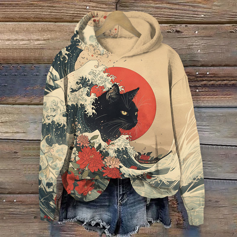 Japanese Floral Ocean Wave Cat Long Sleeved Hoodie - Apricot - 8XL - image 1