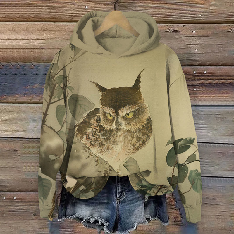 Vintage Funny Owl Staring At Tree Leaf Long Sleeved Hoodie - Khaki - 8XL - image 1