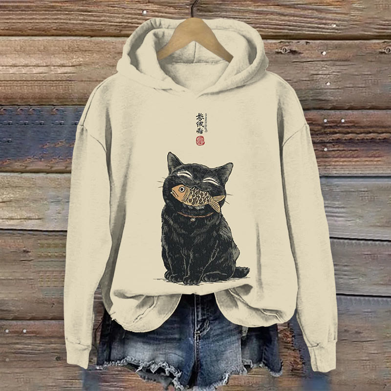 Japanese Lovely Black Cat Catching Fish In The Mouth Long Sleeved Hoodie - Apricot - 8XL - image 1