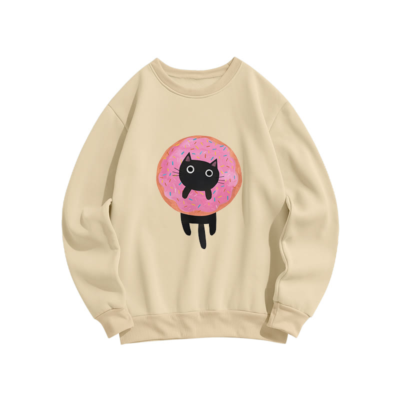Funny Donut Cat Print Crew Neck Sweatshirt - Apricot - US16-18(2XL) - image 1