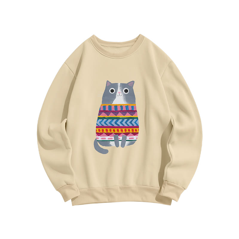 Funny Cat Wearing Colorful Striped Sweater Print Crew Neck Sweatshirt - Apricot - US16-18(2XL) - image 3
