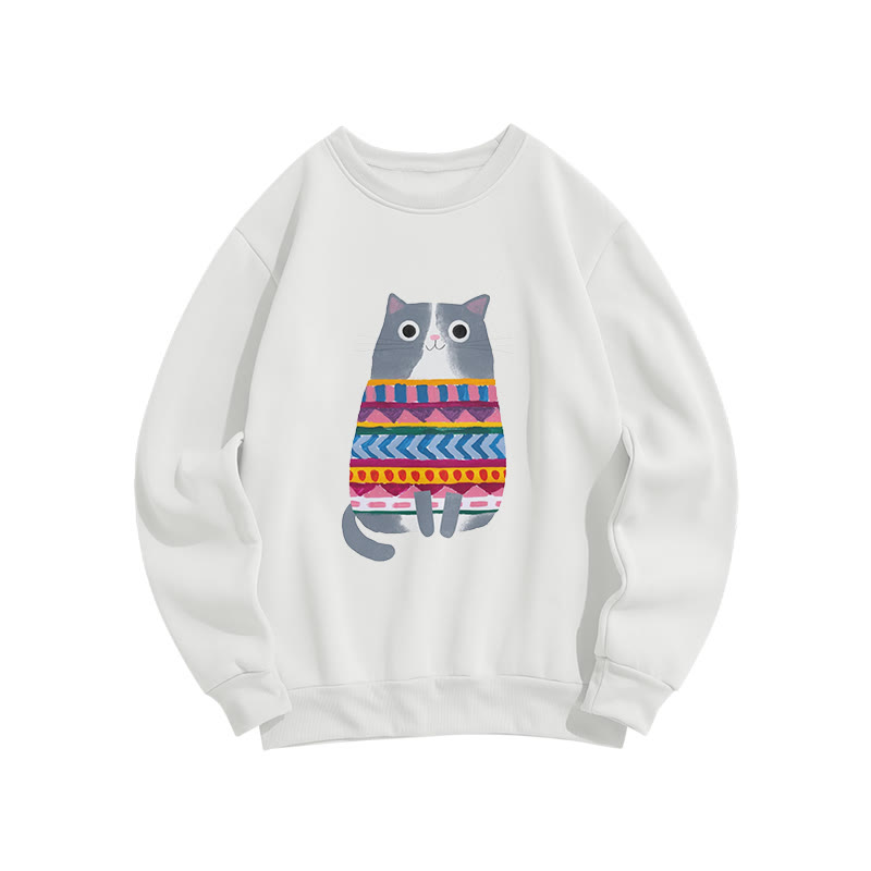 Funny Cat Wearing Colorful Striped Sweater Print Crew Neck Sweatshirt - White - US16-18(2XL) - image 2