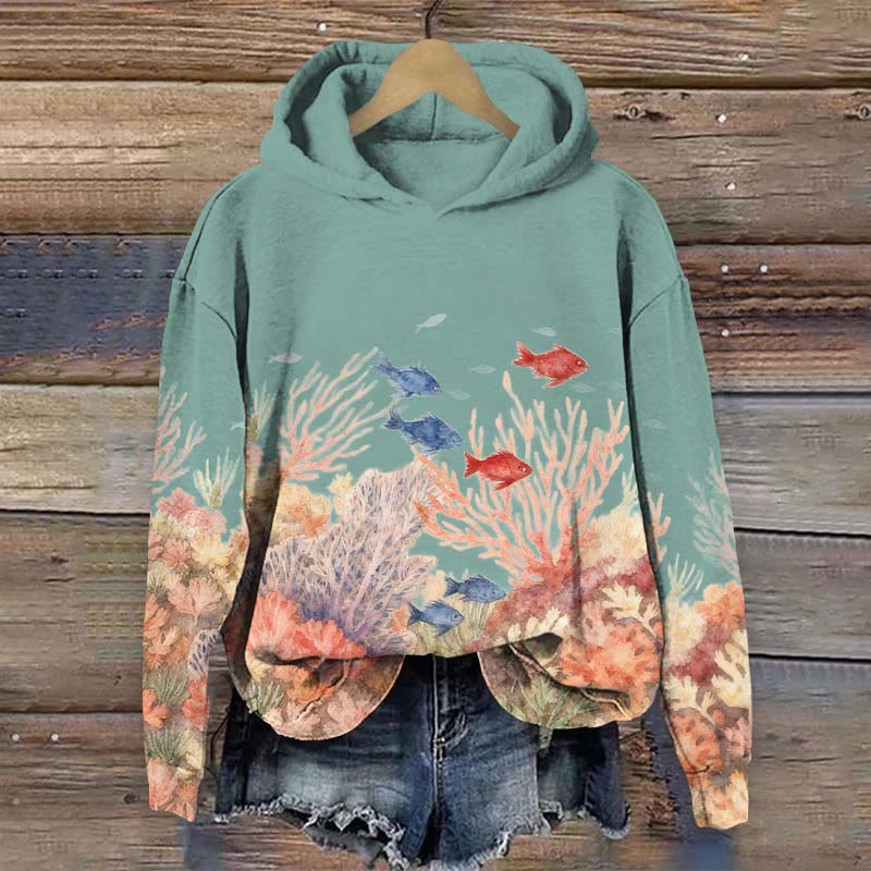 Underwater Fish Ocean Print Long Sleeve Hoodie - Green - US44-46(8XL) - image 1