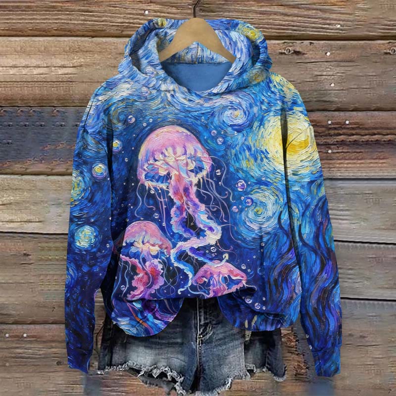 Starry-night Jellyfish Oil-painting Print Long Sleeve Hoodie - Blue - US44-46(8XL) - image 1