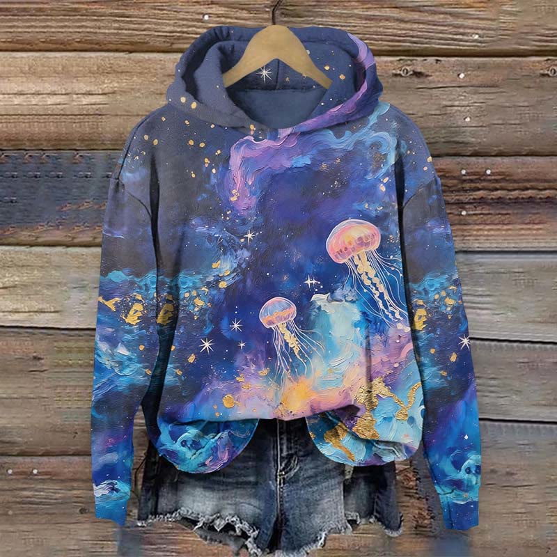 Artistic Jellyfish Oil-painting Print Long Sleeve Hoodie - Blue - US44-46(8XL) - image 1