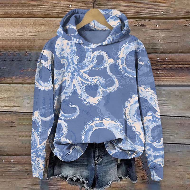Tentacle-inspired Octopus Print Long Sleeve Hoodie - Blue - US44-46(8XL) - image 2