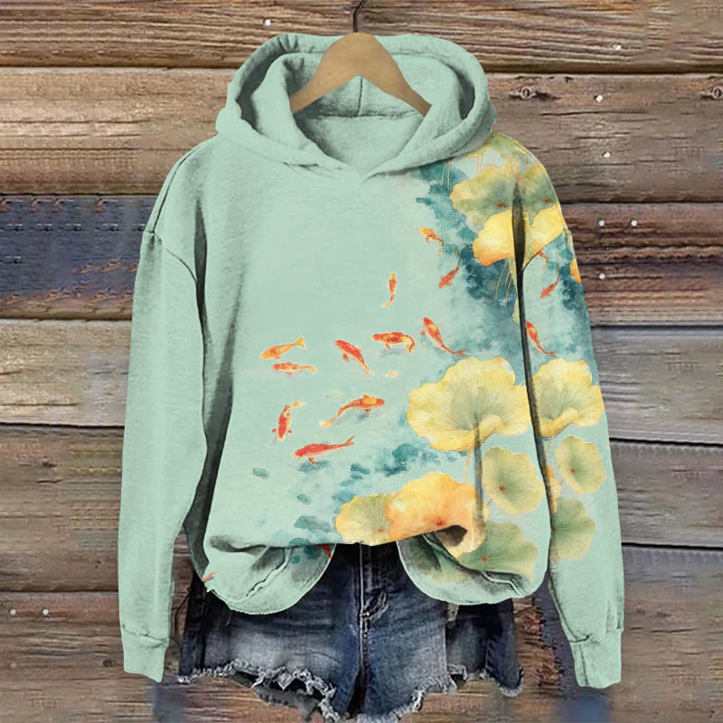 Artful Pond Goldfish Print Long Sleeve Hoodie - Light Green - US44-46(8XL) - image 2
