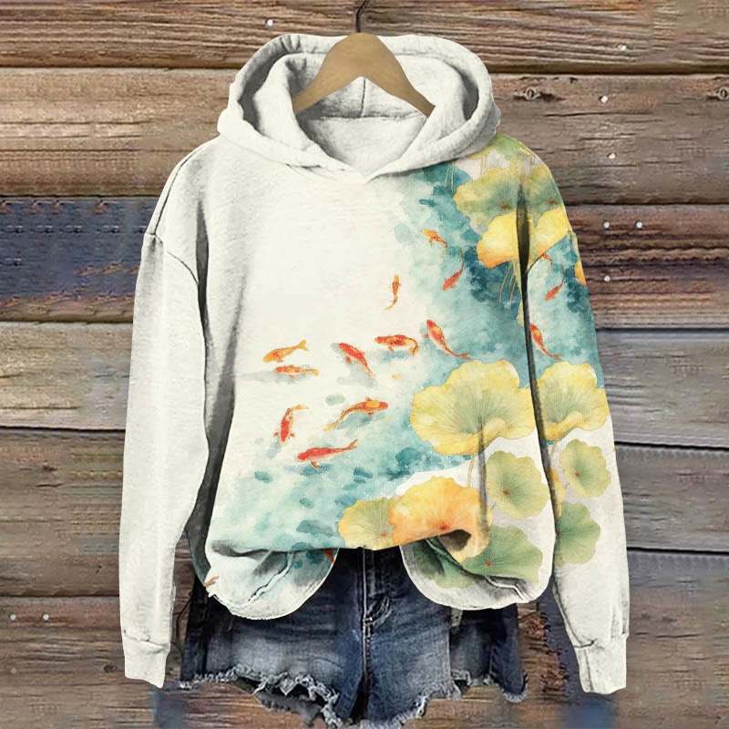 Artful Pond Goldfish Print Long Sleeve Hoodie - Beige - US44-46(8XL) - image 1