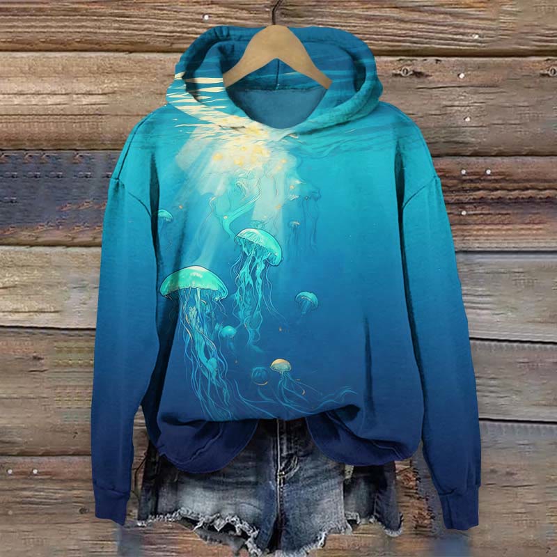 Deep Sea Jellyfish Ocean Art Print Long Sleeve Hoodie - Blue - US44-46(8XL) - image 2