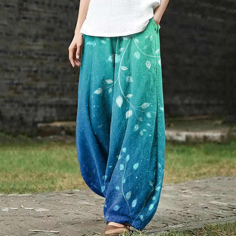 Gradient Leaf Print Casual Pants - Blue - US18(5XL) - image 1