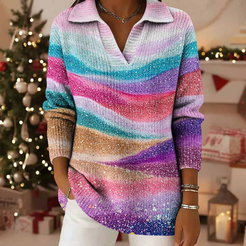 Gradient Color Quicksand Pattern Polo Collar Long Sleeved Sweater - Pink - 5XL - image 1