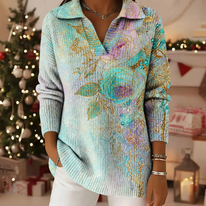 Gradient Gold Foil Floral Pattern Polo Collar Long Sleeved Sweater - Green - 5XL - image 1