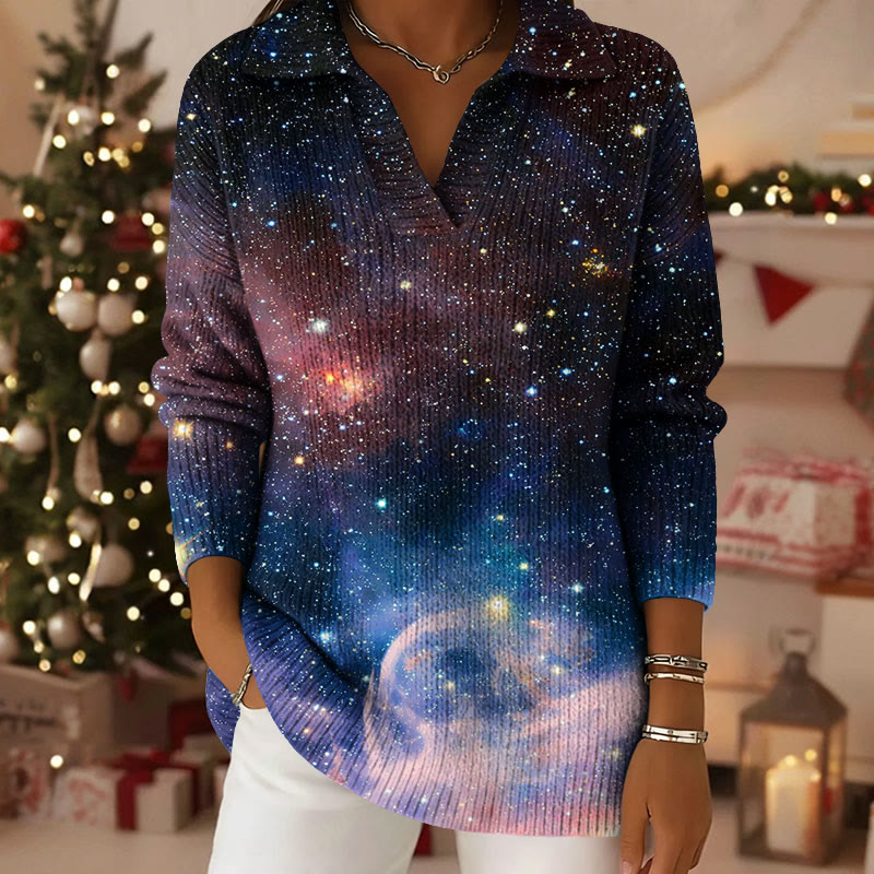 Starry Sky Pattern Polo Collar Long Sleeved Sweater - Dark Blue - 5XL - image 1