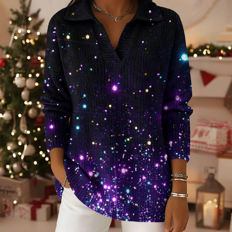 Gradient Shimmer Pattern Polo Collar Long Sleeved Sweater - Purple - 5XL - image 1