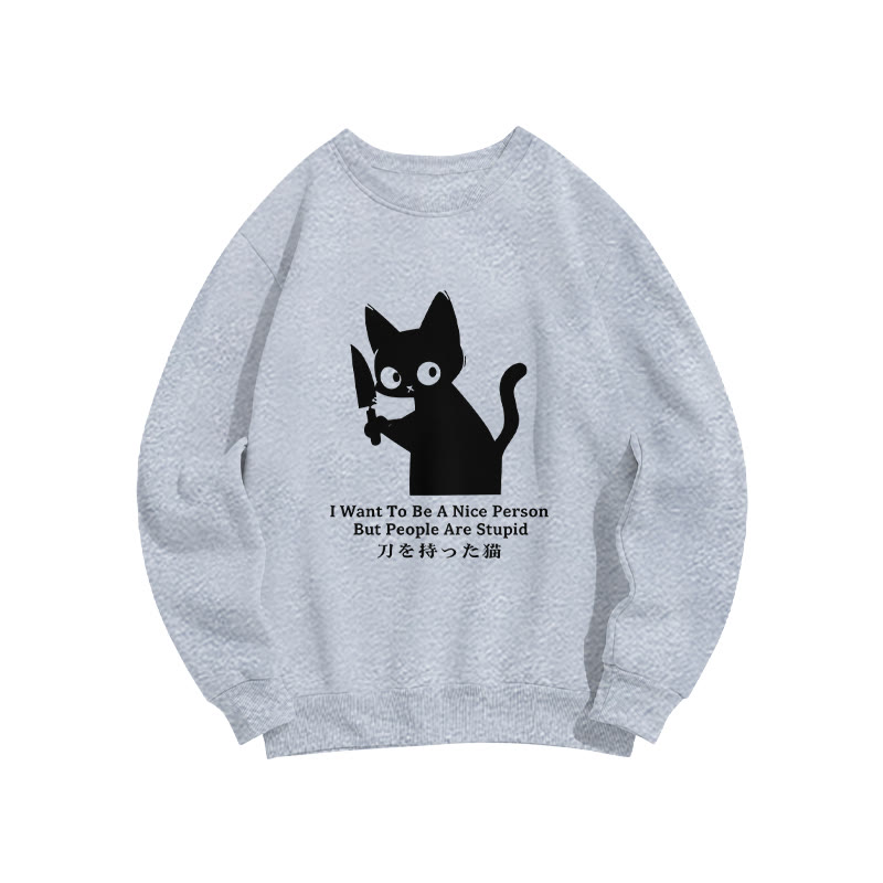 Black Cat With A Knife Japan Classic Crew Neck Sweatshirt - Grey - US16-18(2XL) - image 2