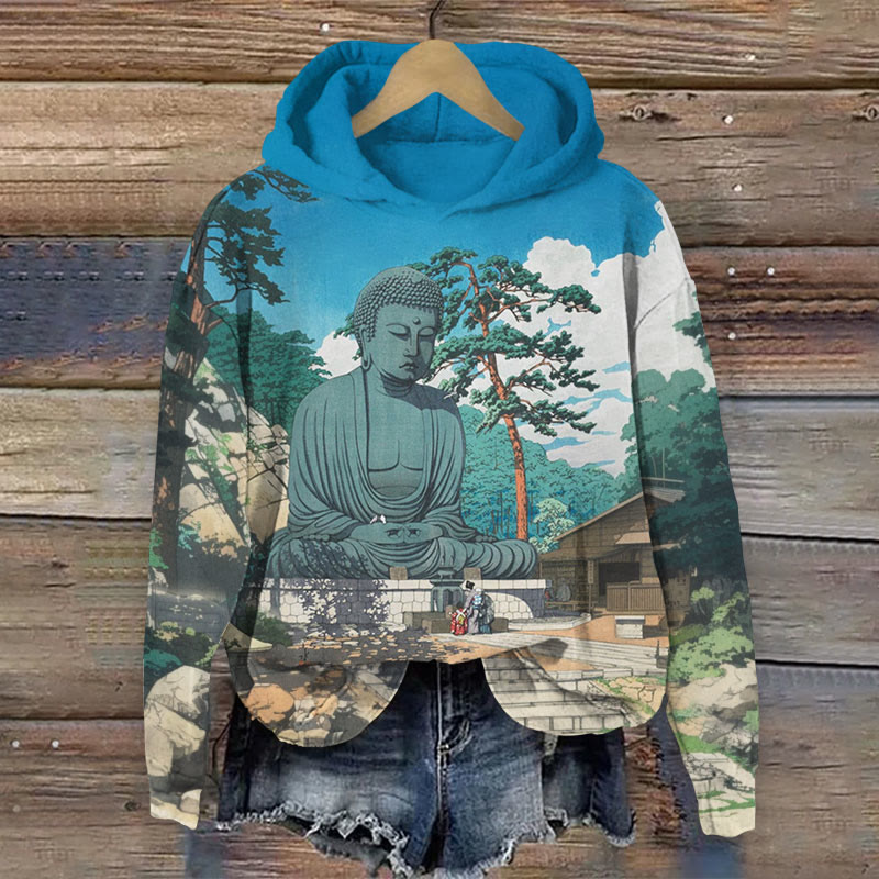 Great Buddha Of Japan Print Long Sleeve Hoodie - Blue - 8XL - image 1