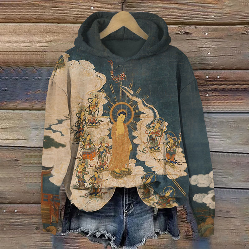 Japanese Buddha Print Long Sleeved Hoodie - Dark Green - 8XL - image 1