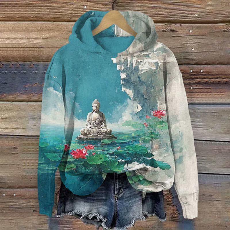 Japanese Buddha Statue And Floral Print Long Sleeved Hoodie - Blue - 8XL - image 1
