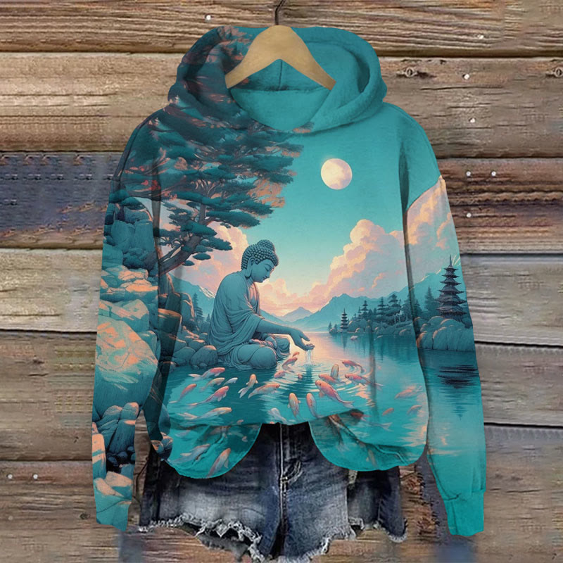 Japanese Buddha and Koi Print Long Sleeved Hoodie - Blue - 8XL - image 1