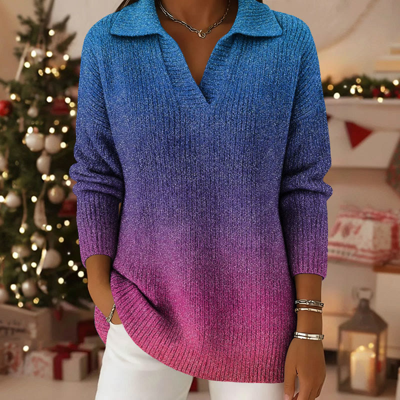 Three Color Gradient Glitter Pattern Polo Collar Long Sleeved Sweater - Blue - 5XL - image 1