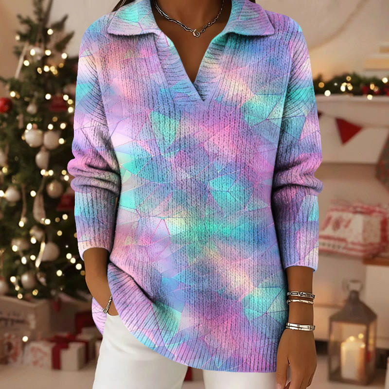 Shiny Colorful Patterned Polo Collar Long Sleeved Sweater - Pink - 5XL - image 1