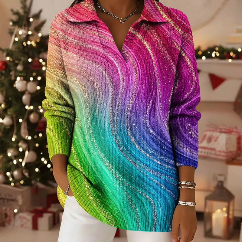 Shiny Colorful Pattern Polo Collar Long Sleeved Sweater - Multicolor - 5XL - image 1