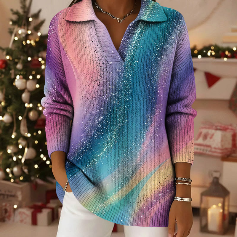 Colorful Gradient Glitter Pattern Polo Collar Long-Sleeved Sweater - Multicolor - 5XL - image 1