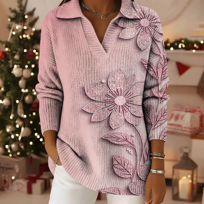 3d Floral Pattern Polo Collar Long-Sleeved Sweater - Pink - 5XL - image 1