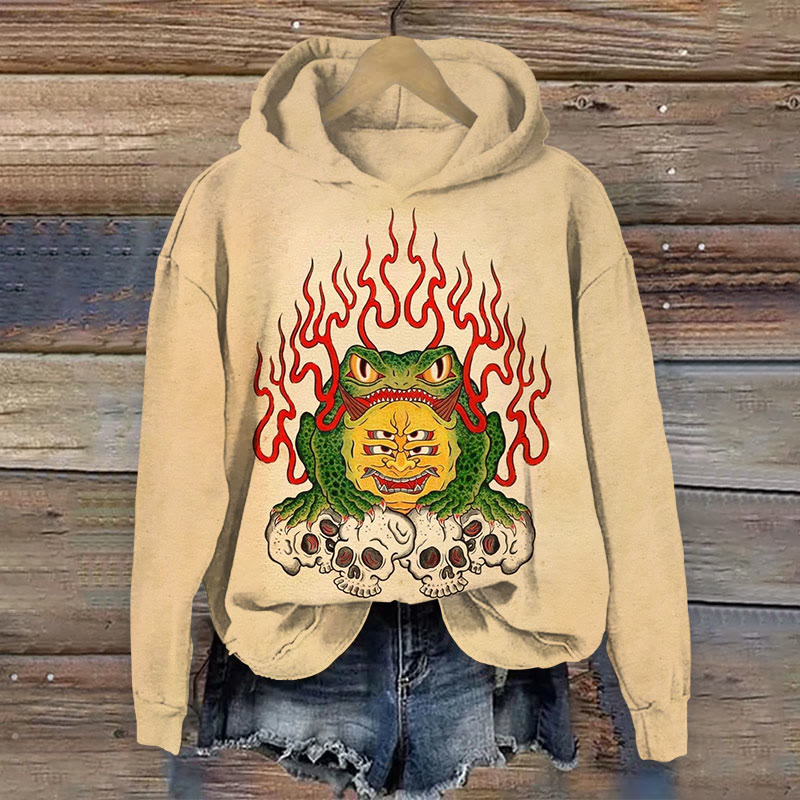 Japanese Creative Angry Frog Stepping On Skull Print Long Sleeve Hoodie - Apricot - 8XL - image 1