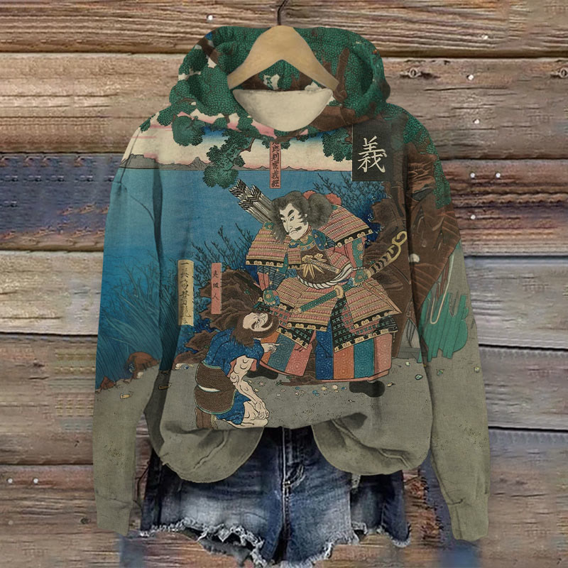 Japanese Ukiyo-e Style Print Of A Samurai Long Sleeve Hoodie - Blue - 8XL - image 1