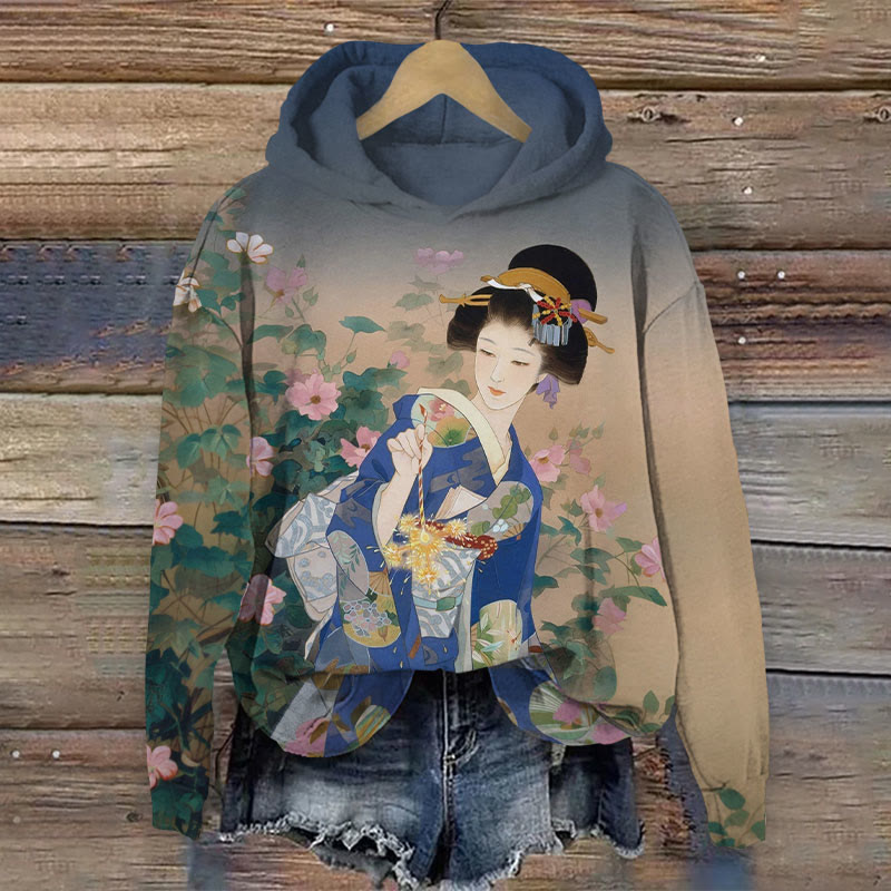Japanese Art Style Of Lady Surrounded By Floral Pattern Print Long Sleeve Hoodie - Blue - 8XL - image 1