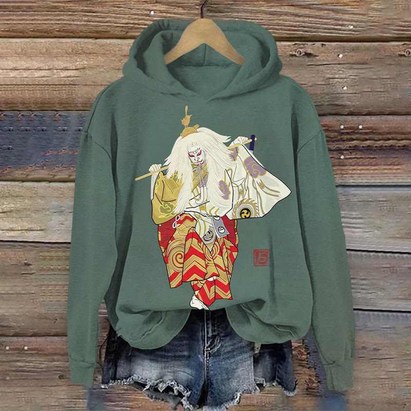 Retro Japanese Kabuki Pattern Print Long Sleeve Hoodie - Green - 8XL - image 1