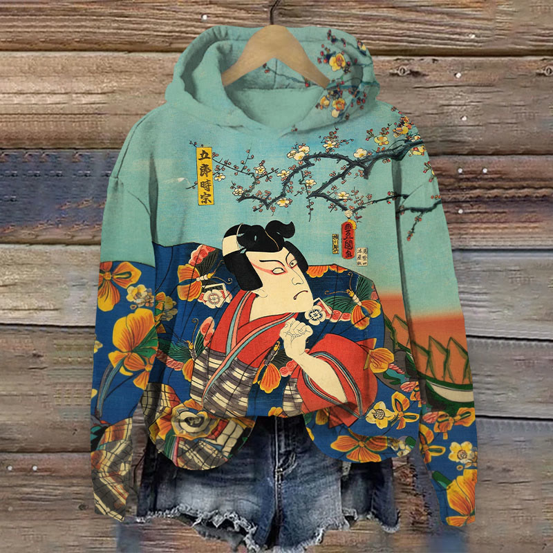 Japanese Funny Samurai Art Print Long Sleeve Hoodie - Green - 8XL - image 1