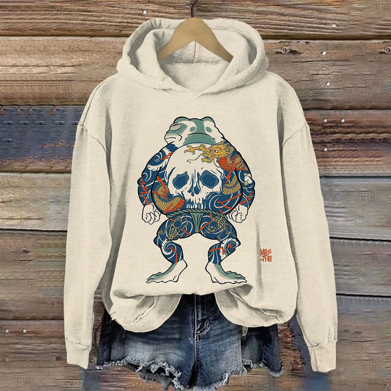 Japanese Creative Frog Man Wearing Skull Pattern Clothes Print Long Sleeve Hoodie - Beige - 8XL - image 1