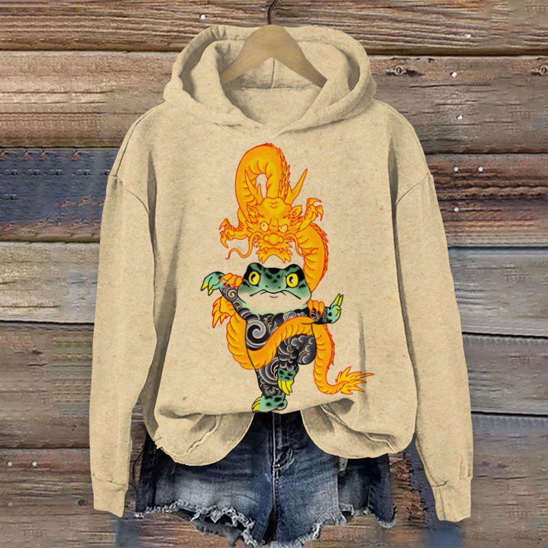 Japanese Creative Dragon Dance Frog Print Long Sleeve Hoodie - Apricot - 8XL - image 1